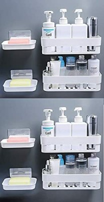 VRAVMO Multipurpose Home Cleaning & Bathroom Kitchen Accessories Rack Storage Shelves Bathroom Storage Rack Soap Dishes Box Stand Shower Rack ABS Plastic Storage Holder Combo with Magic Sticker Shelf (4 Bathroom Shelves + 4 Soap Box)(Multicolor)