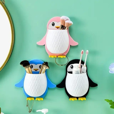 Millionminds Multipurpose Storage Organizer Penguin Shelf for Home & Kitchen (Pack of 3) Plastic Toothbrush Holder(Multicolor, Wall Mount)