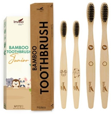 IMVELO Family Pack 2 Adult & 2 Kid Bamboo Toothbrush Charcoal Activated Soft Bristles Soft Toothbrush(Pack of 4)