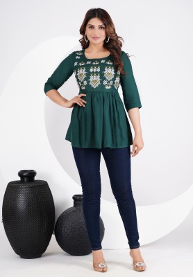 Casual Embroidered Women Green Top