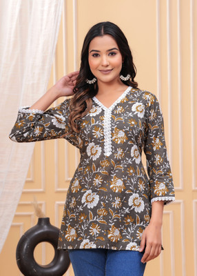BRIJMA Casual Floral Print Women Grey Top