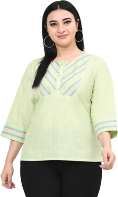 HouseOfCommon Casual Striped Women Light Green Top