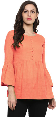 JIGNESH TEXTILE Casual 3/4 Sleeve Solid Women Orange Top
