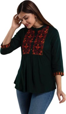 MH fashion Casual Embroidered Women Dark Green Top