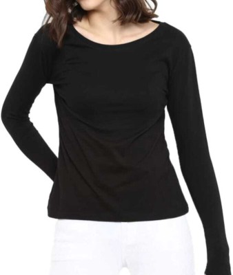 UNEROBE Solid Women Boat Neck Black T-Shirt