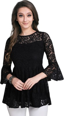 KVELLOCA Casual Self Design Women Black Top