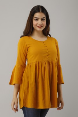 FabbibaPrints Casual 3/4 Sleeve Solid Women Yellow Top