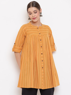Janasya Women Striped A-line Kurta(Yellow)
