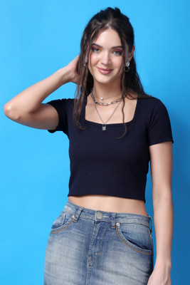 POPWINGS Casual Solid Women Dark Blue Top