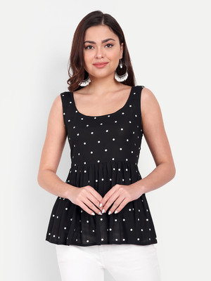 HANUMNTRA Party Polka Print Women Black Top