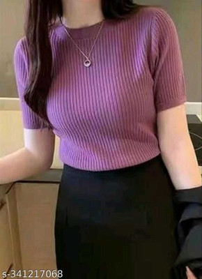Prinsoo Casual Solid, Self Design Women Purple Top