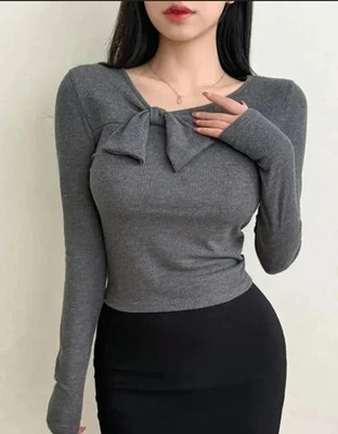 Heilig Casual Solid Women Grey Top