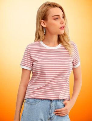 Dream Beauty Fashion Striped Women Round Neck Pink T-Shirt