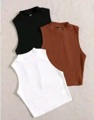 COSYME Casual Solid, Self Design Women Black Top