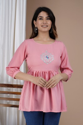 RONAKFAISHION Casual Embroidered Women Pink Top