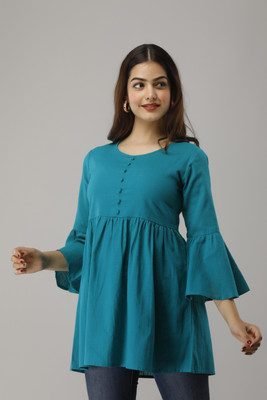 NeshamaKurti Casual 3/4 Sleeve Solid Women Blue Top