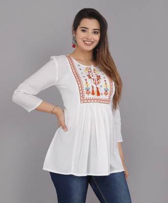 DICHIC Casual Embroidered Women White Top