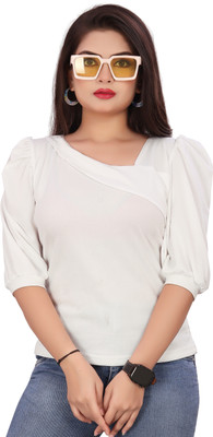 CRYSTON Casual Solid Women White Top