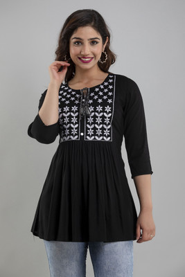 Glorry Creation Casual Embroidered Women Black Top