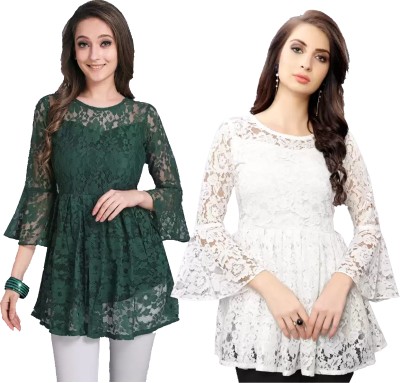 Elloca Casual Lace Women Dark Green Top