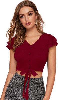 WELLWISHER Party Solid Women Maroon Top