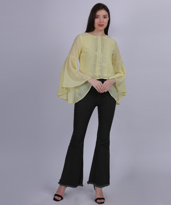AUMBE Casual Solid Women Yellow Top