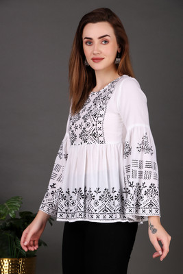 Glorry Creation Casual Printed, Geometric Print, Ethnic Motifs Women White Top