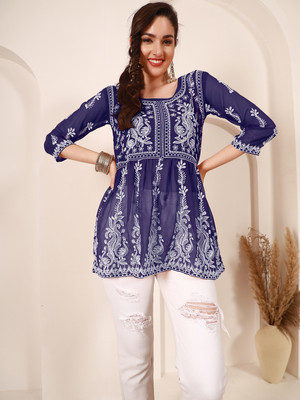 Anmi Embroidered Women Flared Kurta(Dark Blue)