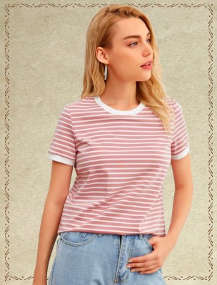 Dream Beauty Fashion Striped Women Round Neck Pink T-Shirt