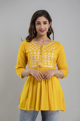 Glorry Creation Casual Embroidered Women Yellow Top