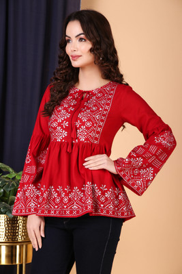 Glorry Creation Casual Printed, Geometric Print, Ethnic Motifs Women Red Top