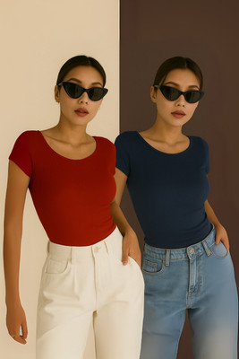 Rockwell Casual Solid Women Red, Dark Blue Top