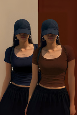 Rockwell Casual Solid Women Dark Blue, Brown Top