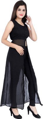 VESICLE Women Solid Frontslit Kurta(Black)