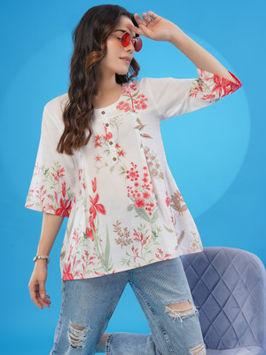 Anmi Printed Women Straight Kurta(White)