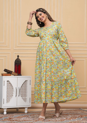 UrbanRang Women Printed Anarkali Kurta(Yellow, Green)