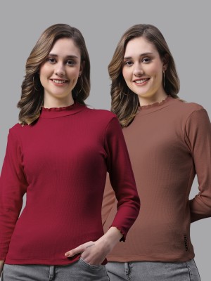 FBAR Casual Self Design Women Brown, Red Top