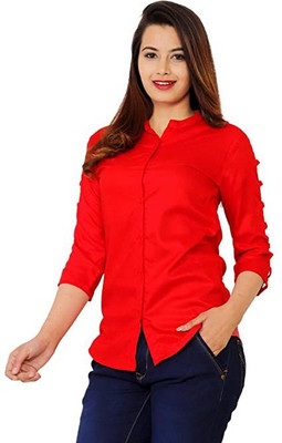 BHELIM Casual Solid Women Red Top