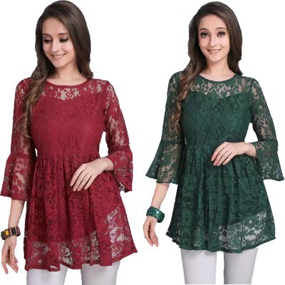 Elloca Casual Lace Women Dark Green Top