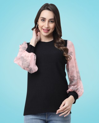 MISS AYSE Casual Self Design Women Black Top