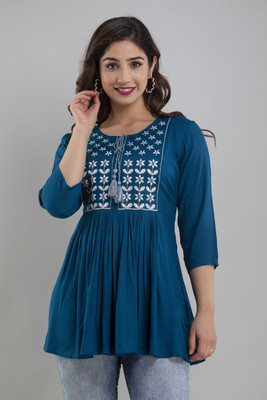 Glorry Creation Casual Embroidered Women Blue Top