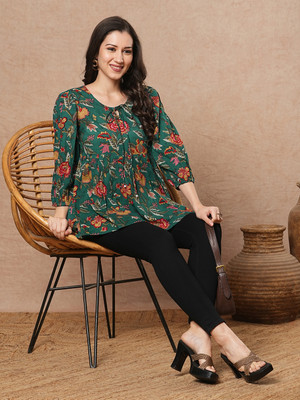 Gosriki Party Printed Women Green Top