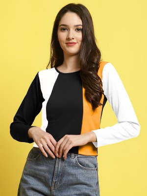 Fabflee Casual Color Block Women Black, Yellow, White Top