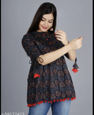 ShreeShyam Handicraft Casual Printed Women Black Top