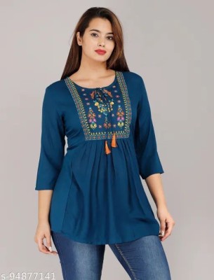 SK Fashion Hub Casual Embroidered Women Blue Top
