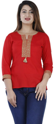 Angarkha Casual Embroidered Women Red Top