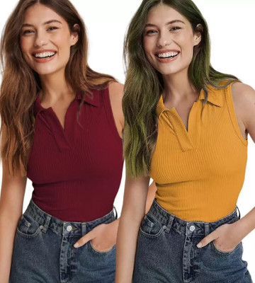 DRESSBIZ Casual Solid Women Maroon, Yellow Top