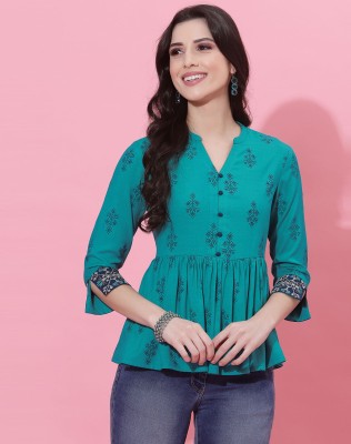 Selvia Casual Embroidered, Printed Women Dark Blue, Light Blue Top