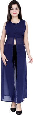 VESICLE Women Self Design Frontslit Kurta(Blue)