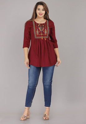 DICHIC Casual Embroidered Women Maroon Top